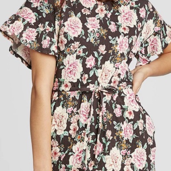 Xhilaration Floral Short Sleeve Tie Waist Dress - Picture 4 of 4